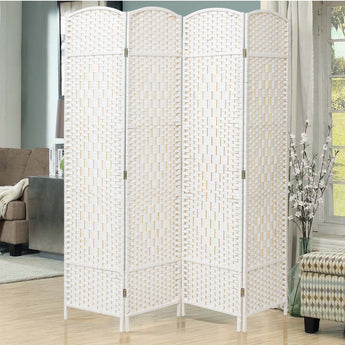 White woven rattan folding room divider in a room, 4 panels with rounded tops