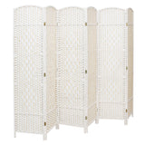 White foldable rattan room divider with 6 woven panels, rounded tops, and legs