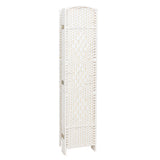 White woven rattan room divider panel with rounded top, hinge detail, and feet