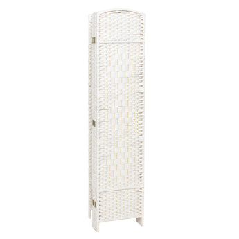 White woven rattan room divider panel with rounded top, hinge detail, and feet