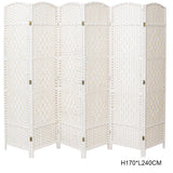 White foldable rattan room divider with 5–6 woven panels and gold hinge accents