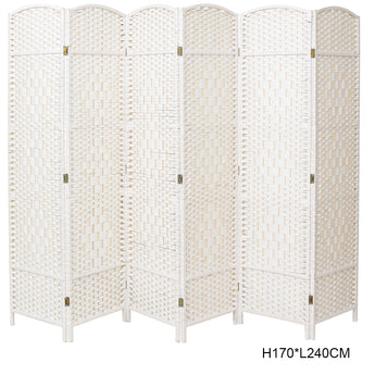White foldable rattan room divider with 5–6 woven panels and gold hinge accents