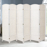 White woven rattan foldable room divider with multiple panels, rounded tops, and legs