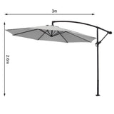 Light grey 3m cantilever parasol umbrella side view with pole and ribs
