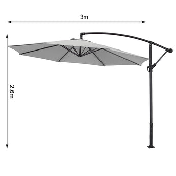 Light grey 3m cantilever parasol umbrella side view with pole and ribs
