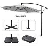 Light grey cantilever parasol umbrella with base and weight option diagrams