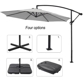 Light grey cantilever parasol umbrella with base and weight option diagrams