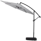 Light grey cantilever parasol with curved arm and dark weighted base