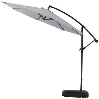 Light grey cantilever parasol with curved arm and dark weighted base