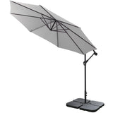 Light grey cantilever parasol with cross base and square base panels