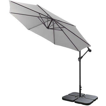 Light grey cantilever parasol with cross base and square base panels