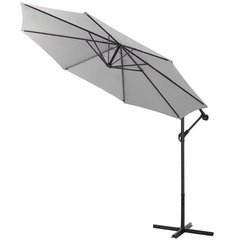 Light grey cantilever parasol umbrella in angled open position