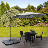 Light grey 3m cantilever parasol umbrella with weighted base cushions