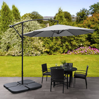 Light grey 3m cantilever parasol umbrella with weighted base cushions