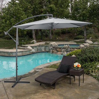 Light grey 3m cantilever parasol umbrella over outdoor seating area