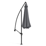 Dark grey cantilever parasol with closed canopy, central curved support pole