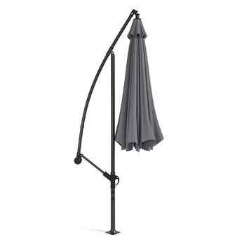 Dark grey cantilever parasol with closed canopy, central curved support pole