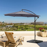 Dark grey cantilever outdoor parasol umbrella open on terrace with curved arm