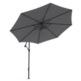 Dark grey cantilever parasol umbrella close-up of open canopy and rib structure