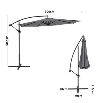 Dark grey cantilever parasol size view: 300cm width, 260cm height, 70cm base