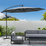 Dark grey 3M cantilever outdoor parasol with open canopy on tall curved pole