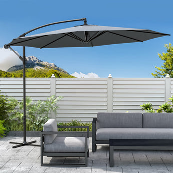 Dark grey 3M cantilever outdoor parasol with open canopy on tall curved pole