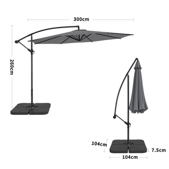 Dark grey 3M cantilever parasol with open canopy and weighted base, side view