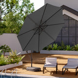 Dark grey cantilever parasol with open canopy and central support pole for outdoor use