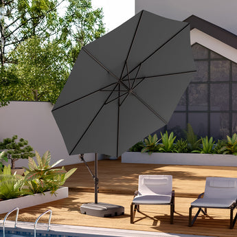Dark grey cantilever parasol with open canopy and central support pole for outdoor use