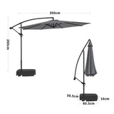 Dark grey cantilever parasol with open canopy, adjustable frame, and square weighted base