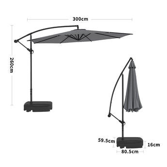 Dark grey cantilever parasol with open canopy, adjustable frame, and square weighted base