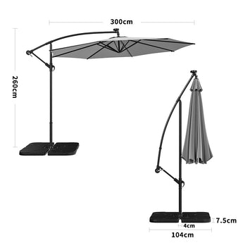 Light grey cantilever parasol dimensions: 300cm canopy and 104cm overall height