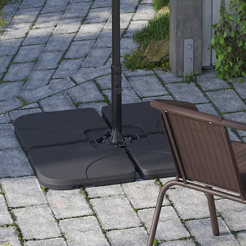 Light grey cantilever parasol beside outdoor seating and dark cross base