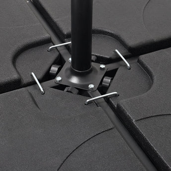 Cantilever parasol cross base close-up with metal support rods and bolts