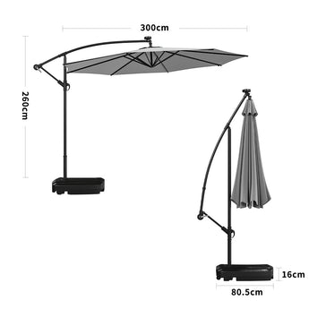 Light grey cantilever parasol size diagram: 300cm canopy, 80.5cm base width