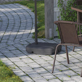 Light grey cantilever parasol with square weighted base near garden seating