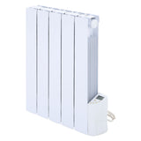 White oil-filled radiator heater close-up showing top vents and side LED controls.