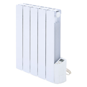 White oil-filled radiator heater close-up showing top vents and side LED controls.