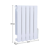 White oil-filled radiator heater dimensions: 57.5 cm height, 45 cm width.