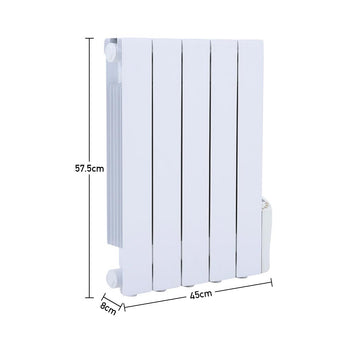 White oil-filled radiator heater dimensions: 57.5 cm height, 45 cm width.