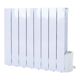 Wall mounted electric heater with white fins and control unit on the right side