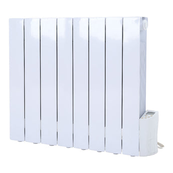 Wall mounted electric heater with white fins and control unit on the right side
