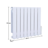Wall mounted electric heater white fins with size dimensions shown in a diagram