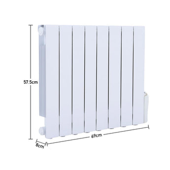 Wall mounted electric heater white fins with size dimensions shown in a diagram
