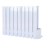 Wall mounted electric heater with white radiator-style panels and right-side control unit