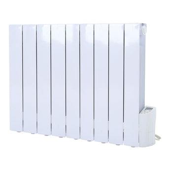 Wall mounted electric heater with white radiator-style panels and right-side control unit