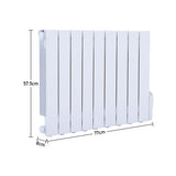 Wall mounted electric heater white fins with width and height measurements shown