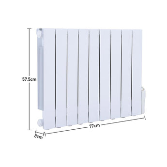 Wall mounted electric heater white fins with width and height measurements shown
