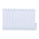 Wall mounted electric heater front view in white with control unit at the right end
