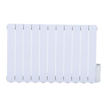 Wall mounted electric heater front view in white with control unit at the right end